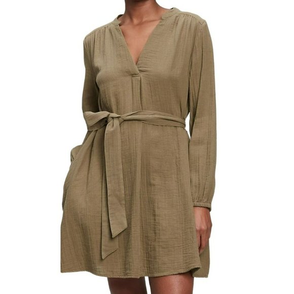 GAP Dresses & Skirts - GAP Long Sleeve Banded V-Neck Cotton Spun Tie Waist Dress Size XXL (20-22) Khaki